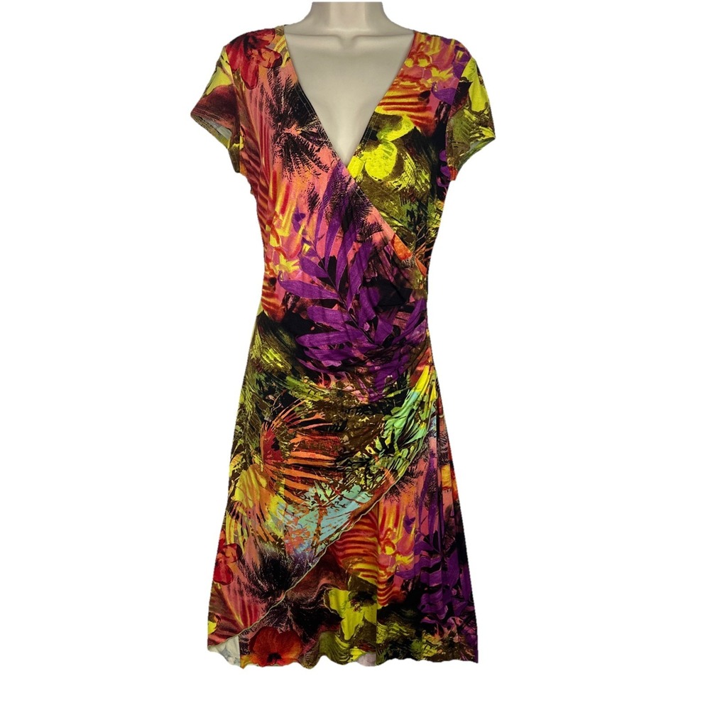 Joseph Ribkoff Mock Wrap Dress Tropical Abstract Womens Size 8 Multicolor Midi